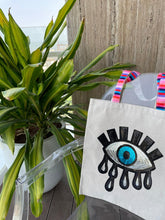 Load image into Gallery viewer, evil eye, embellishment, tote bag design, colored handle